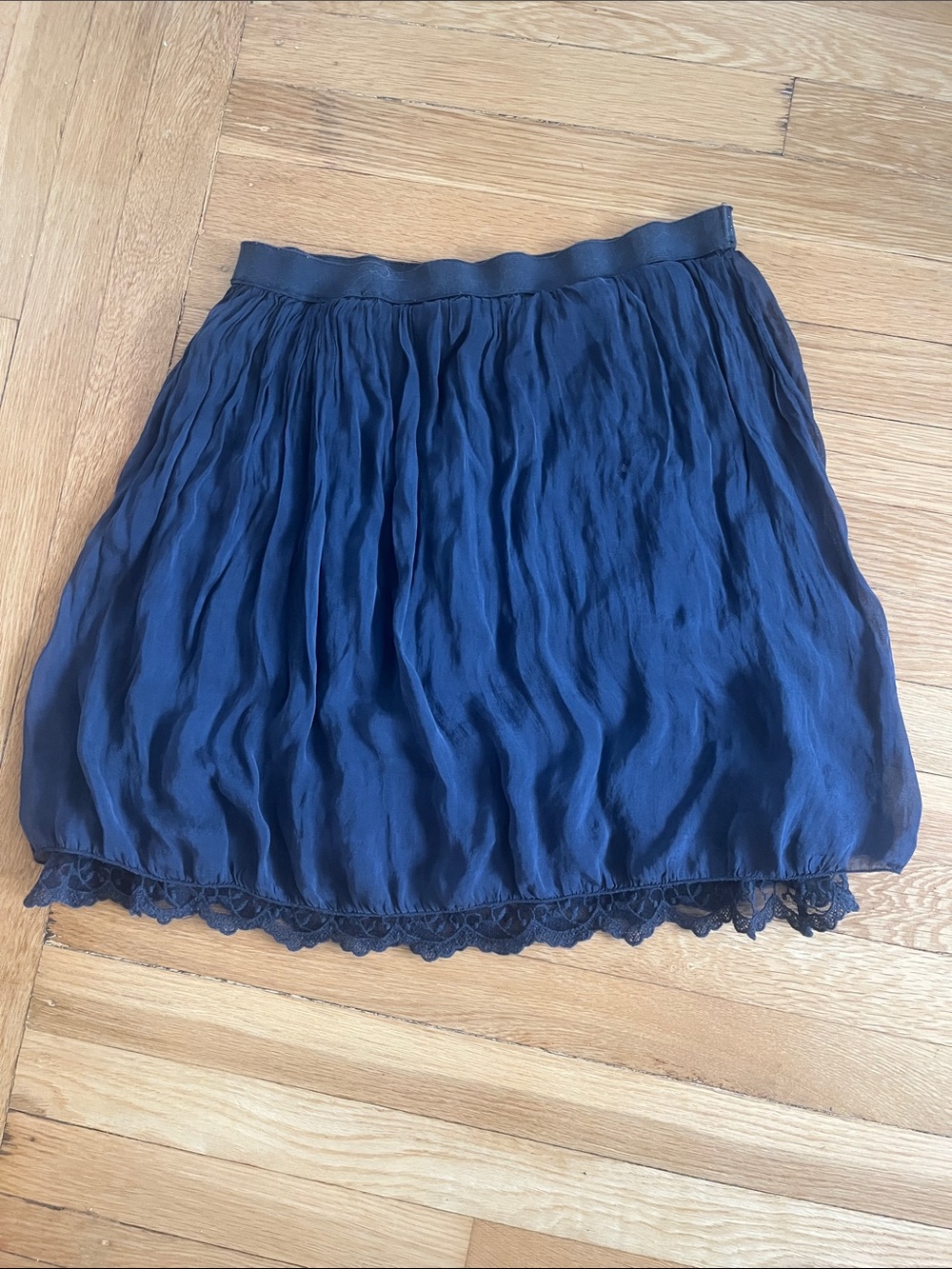 Sheer Silk Navy A-Line Skirt with Lace Trim